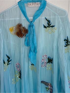 Anthropologie Là Fuori Silk Beaded Fish Blouse Sheer Aqua Embroidered Boho